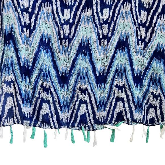 Blue Teal White Sheer Tasseled Zig Zag Geometric Scarf 40" x 72" Rectangular - Picture 2 of 3